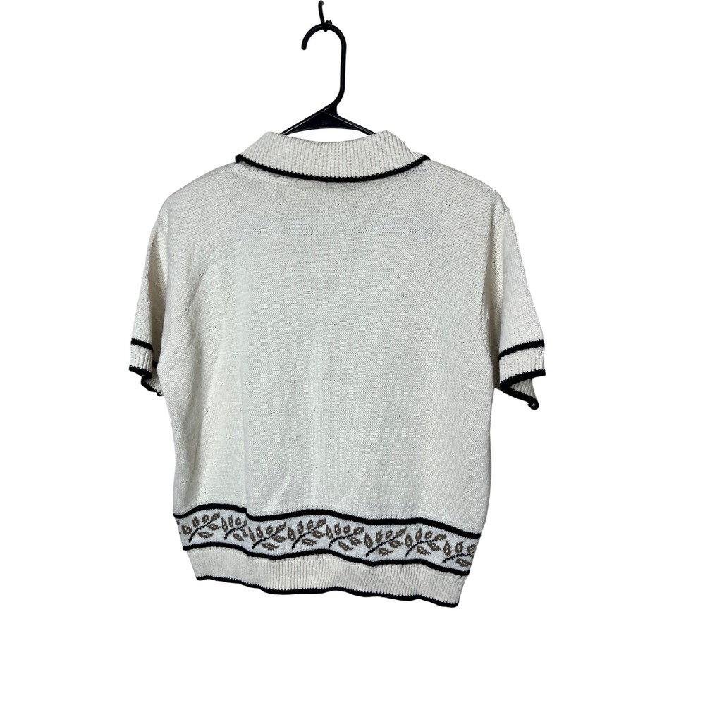 Womens Vintage Cream Knit‎ Polo Shirt Short Sleeve Leaf Trim Buttons Top  size L - Picture 3 of 3